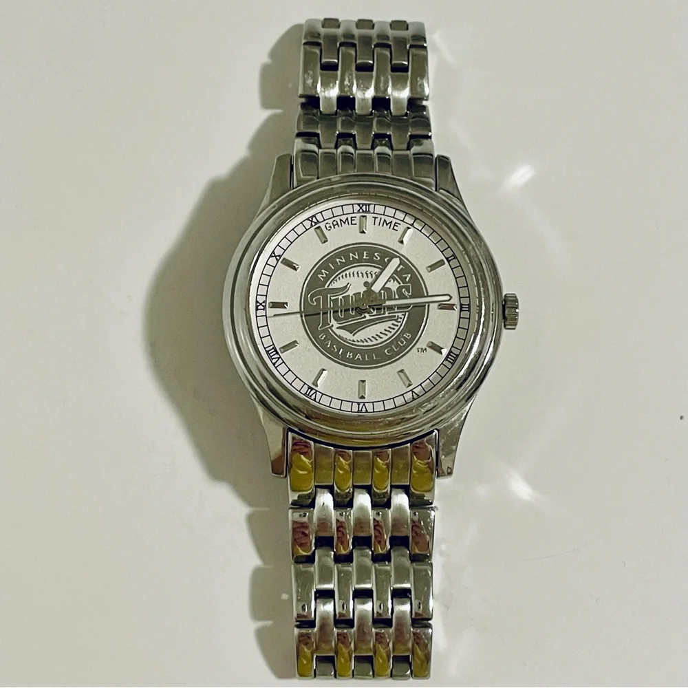 Men’s Game Time Minnesota Twins Baseball Silver Multi-Link Watch